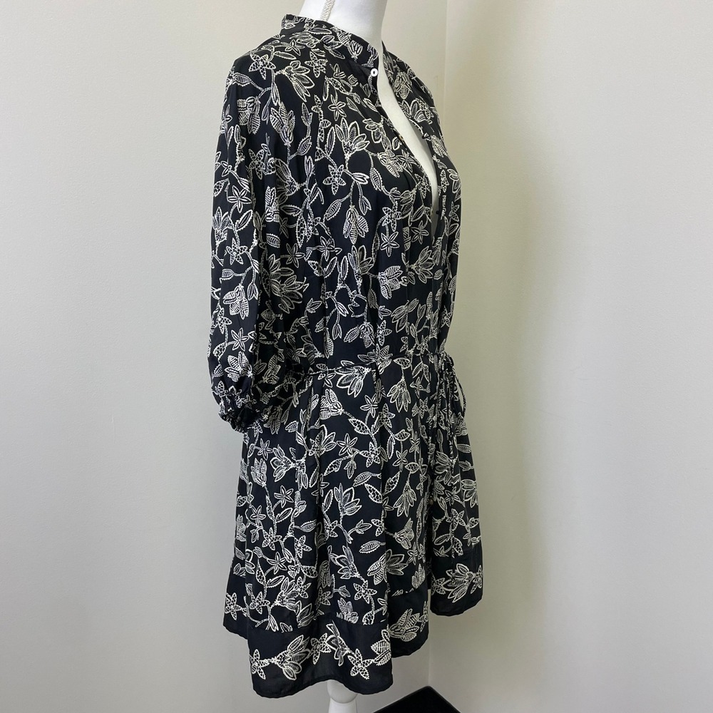 NEW HM Black White Floral Lace Print Button Front Mini Dress L Puff Sleeve - Picture 4 of 15